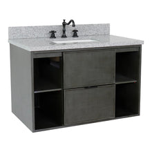 Load image into Gallery viewer, Bellaterra Home 400502-CAB-LY-GYR 37&quot; Single Wall Mount Vanity in Gray Linen with Gray Granite, White Rectangle Sink, Angled View