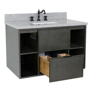 Bellaterra Home 400502-CAB-LY-GYR 37" Single Wall Mount Vanity in Gray Linen with Gray Granite, White Rectangle Sink, Open Drawer