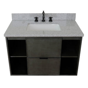 Bellaterra Home 400502-CAB-LY-GYR 37" Single Wall Mount Vanity in Gray Linen with Gray Granite, White Rectangle Sink, Top Angled View