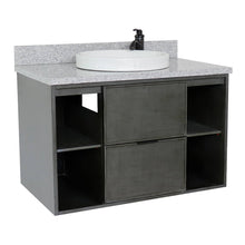 Load image into Gallery viewer, Bellaterra Home 400502-CAB-LY-GYRD 37&quot; Single Wall Mounted Vanity in Gray Linen with Gray Granite, White Round Semi-Recessed Sink, Angled View