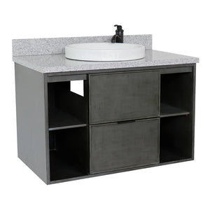 Bellaterra Home 400502-CAB-LY-GYRD 37" Single Wall Mounted Vanity in Gray Linen with Gray Granite, White Round Semi-Recessed Sink, Angled View