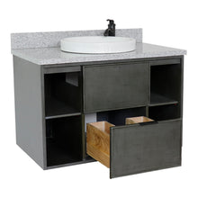 Load image into Gallery viewer, Bellaterra Home 400502-CAB-LY-GYRD 37&quot; Single Wall Mounted Vanity in Gray Linen with Gray Granite, White Round Semi-Recessed Sink, Open Drawer