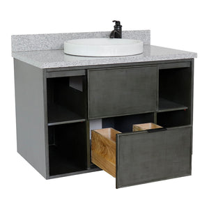 Bellaterra Home 400502-CAB-LY-GYRD 37" Single Wall Mounted Vanity in Gray Linen with Gray Granite, White Round Semi-Recessed Sink, Open Drawer