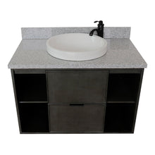 Load image into Gallery viewer, Bellaterra Home 400502-CAB-LY-GYRD 37&quot; Single Wall Mounted Vanity in Gray Linen with Gray Granite, White Round Semi-Recessed Sink, Top Angled View