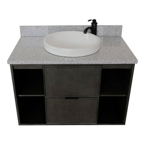 Bellaterra Home 400502-CAB-LY-GYRD 37" Single Wall Mounted Vanity in Gray Linen with Gray Granite, White Round Semi-Recessed Sink, Top Angled View