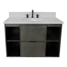 Load image into Gallery viewer, Bellaterra Home 400502-CAB-LY-WEO 37&quot; Single Wall Mount Vanity in Gray Linen with White Quartz, White Oval Sink, Front View