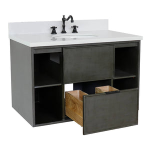 Bellaterra Home 400502-CAB-LY-WEO 37" Single Wall Mount Vanity in Gray Linen with White Quartz, White Oval Sink, Open Drawer