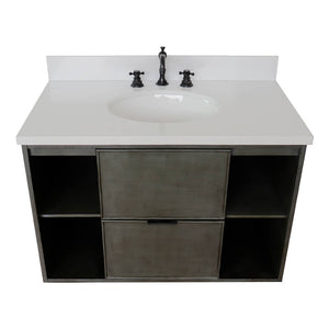 Bellaterra Home 400502-CAB-LY-WEO 37" Single Wall Mount Vanity in Gray Linen with White Quartz, White Oval Sink, Top Angled View