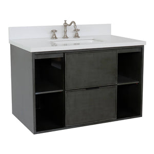 Bellaterra Home 400502-CAB-LY-WER 37" Single Wall Mounted Vanity in Gray Linen with White Quartz, White Rectangle Sink, Angled View