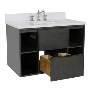 Bellaterra Home 400502-CAB-LY-WER 37" Single Wall Mounted Vanity in Gray Linen with White Quartz, White Rectangle Sink, Open Drawer