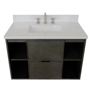Bellaterra Home 400502-CAB-LY-WER 37" Single Wall Mounted Vanity in Gray Linen with White Quartz, White Rectangle Sink, Top Angled View