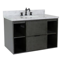 Load image into Gallery viewer, Bellaterra Home 400502-CAB-LY-WMO 37&quot; Single Wall Mount Vanity in Gray Linen with White Carrara Marble, White Oval Sink, Angled View
