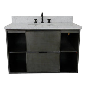 Bellaterra Home 400502-CAB-LY-WMO 37" Single Wall Mount Vanity in Gray Linen with White Carrara Marble, White Oval Sink, Front View