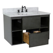 Load image into Gallery viewer, Bellaterra Home 400502-CAB-LY-WMO 37&quot; Single Wall Mount Vanity in Gray Linen with White Carrara Marble, White Oval Sink, Open Drawer