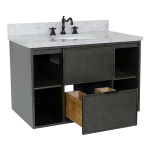 Bellaterra Home 400502-CAB-LY-WMO 37" Single Wall Mount Vanity in Gray Linen with White Carrara Marble, White Oval Sink, Open Drawer