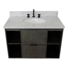 Load image into Gallery viewer, Bellaterra Home 400502-CAB-LY-WMO 37&quot; Single Wall Mount Vanity in Gray Linen with White Carrara Marble, White Oval Sink, Top Angled View