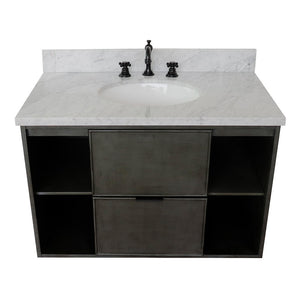 Bellaterra Home 400502-CAB-LY-WMO 37" Single Wall Mount Vanity in Gray Linen with White Carrara Marble, White Oval Sink, Top Angled View