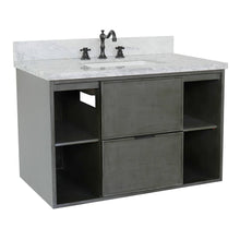 Load image into Gallery viewer, Bellaterra Home 400502-CAB-LY-WMR 37&quot; Single Wall Mounted Vanity in Gray Linen with White Carrara Marble, White Rectangle Sink, Angled View