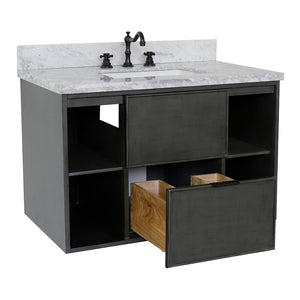 Bellaterra Home 400502-CAB-LY-WMR 37" Single Wall Mounted Vanity in Gray Linen with White Carrara Marble, White Rectangle Sink, Open Drawer