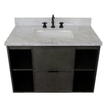 Load image into Gallery viewer, Bellaterra Home 400502-CAB-LY-WMR 37&quot; Single Wall Mounted Vanity in Gray Linen with White Carrara Marble, White Rectangle Sink, Top Angled View