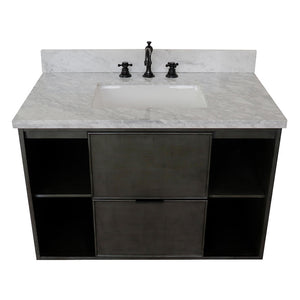 Bellaterra Home 400502-CAB-LY-WMR 37" Single Wall Mounted Vanity in Gray Linen with White Carrara Marble, White Rectangle Sink, Top Angled View