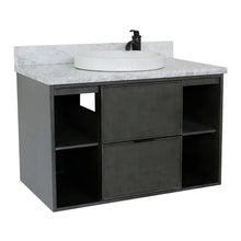 Load image into Gallery viewer, Bellaterra Home 400502-CAB-LY-WMRD 37&quot; Single Wall Mount Vanity in Gray Linen with White Carrara Marble, White Round Semi-Recessed Sink, Angled View