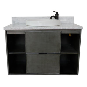Bellaterra Home 400502-CAB-LY-WMRD 37" Single Wall Mount Vanity in Gray Linen with White Carrara Marble, White Round Semi-Recessed Sink, Front View