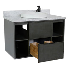 Load image into Gallery viewer, Bellaterra Home 400502-CAB-LY-WMRD 37&quot; Single Wall Mount Vanity in Gray Linen with White Carrara Marble, White Round Semi-Recessed Sink, Open Drawer