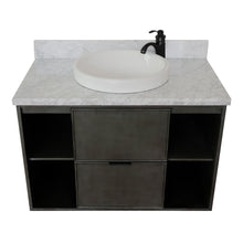 Load image into Gallery viewer, Bellaterra Home 400502-CAB-LY-WMRD 37&quot; Single Wall Mount Vanity in Gray Linen with White Carrara Marble, White Round Semi-Recessed Sink, Top Angled View