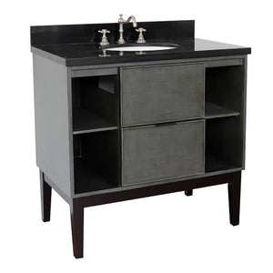 Bellaterra Home 400502-LY-BGO 37" Single Vanity in Gray Linen with Black Galaxy Granite, White Oval Sink, Angled View