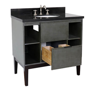 Bellaterra Home 400502-LY-BGO 37" Single Vanity in Gray Linen with Black Galaxy Granite, White Oval Sink, Open Drawer