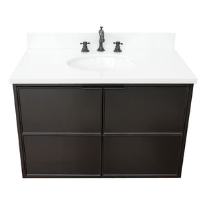 Bellaterra Home 400503-CAB-CP-WEO 37" Single Wall Mounted  Vanity in Cappuccino with White Quartz, White Oval Sink