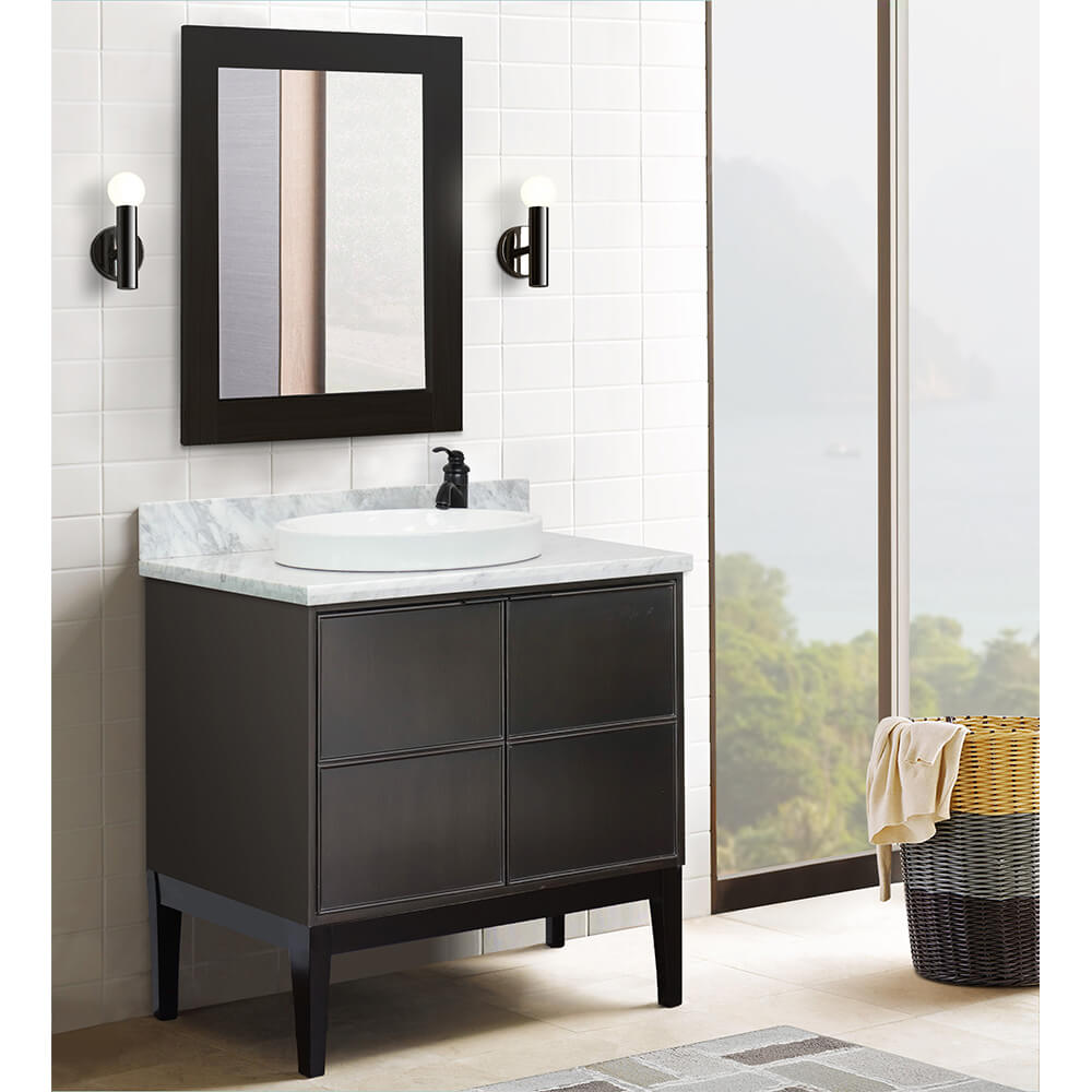 Bellaterra Home 400503-CP-WMRD 37" Single Vanity in Cappuccino with White Carrara Marble, White Round Semi-Recessed Sink