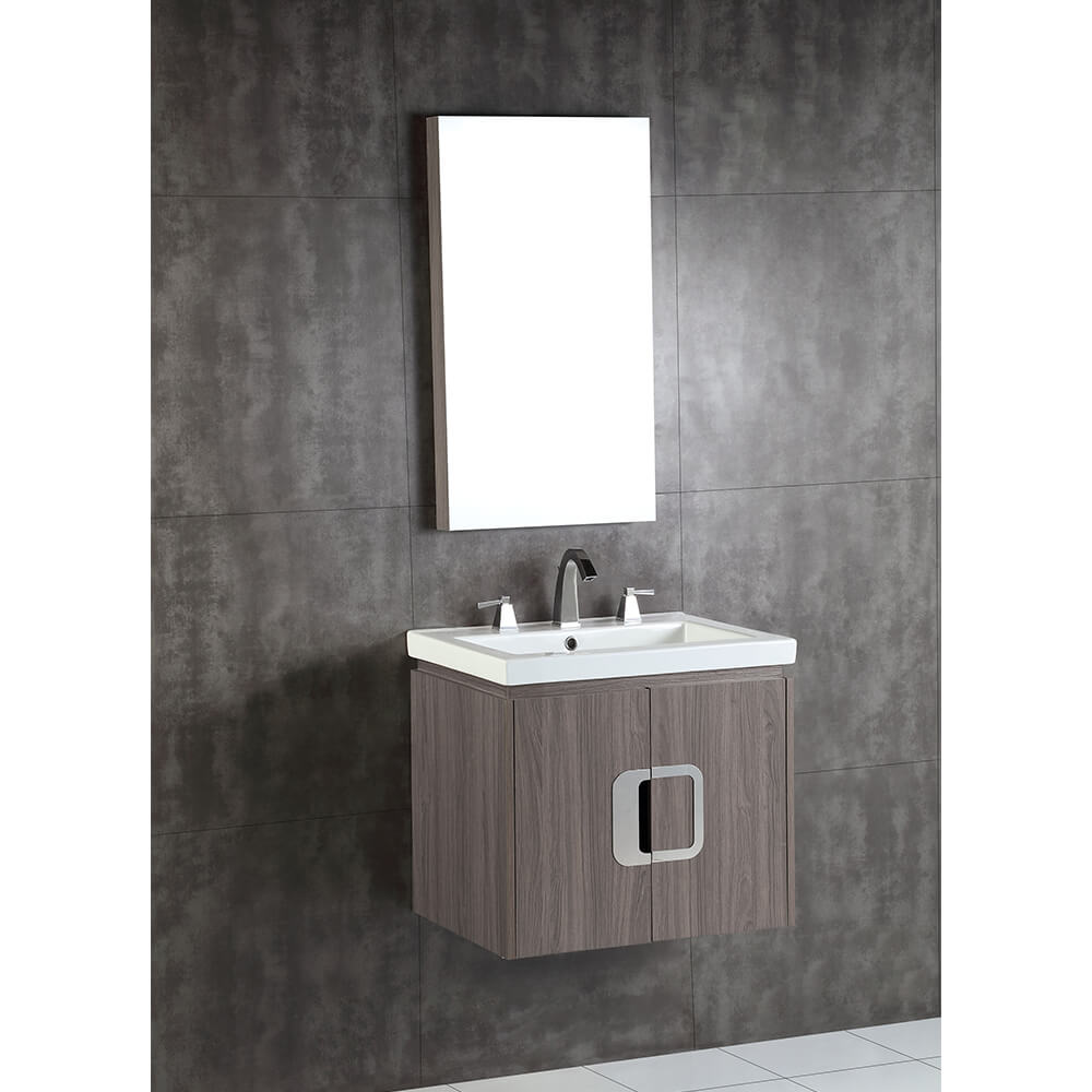 Bellaterra Home 500821-24 24" Single Wall Mount Vanity in Gray Brownish Oak with White Ceramic Countertop and Integrated Sink