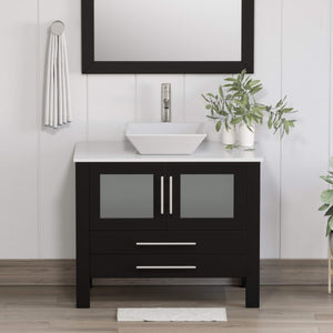Cambridge Plumbing 8111 36" Single Bathroom Vanity in Espresso with White Porcelain Top and Vessel Sink, Matching Mirror, Rendered Front View with Brushed Nickel Faucet