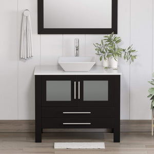 Cambridge Plumbing 8111 36" Single Bathroom Vanity in Espresso with White Porcelain Top and Vessel Sink, Matching Mirror, Rendered Front View with Chrome Faucet
