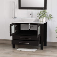 Load image into Gallery viewer, Cambridge Plumbing 8111 36&quot; Single Bathroom Vanity in Espresso with White Porcelain Top and Vessel Sink, Matching Mirror, Open Doors with Chrome Faucet