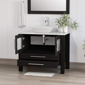 Cambridge Plumbing 8111 36" Single Bathroom Vanity in Espresso with White Porcelain Top and Vessel Sink, Matching Mirror, Open Doors with Chrome Faucet
