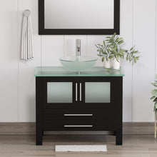 Load image into Gallery viewer, Cambridge Plumbing 8111-B 36&quot; Single Bathroom Vanity in Espresso with Tempered Glass Top and Vessel Sink, Matching Mirror, Rendered Front View with Brushed Nickel Faucet