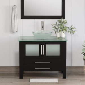 Cambridge Plumbing 8111-B 36" Single Bathroom Vanity in Espresso with Tempered Glass Top and Vessel Sink, Matching Mirror, Rendered Front View with Brushed Nickel Faucet