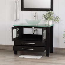 Load image into Gallery viewer, Cambridge Plumbing 8111-B 36&quot; Single Bathroom Vanity in Espresso with Tempered Glass Top and Vessel Sink, Matching Mirror, Open Doors with Brushed Nickel Faucet