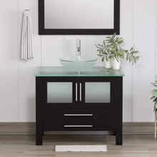 Load image into Gallery viewer, Cambridge Plumbing 8111-B 36&quot; Single Bathroom Vanity in Espresso with Tempered Glass Top and Vessel Sink, Matching Mirror, Rendered Front View with Chrome Faucet