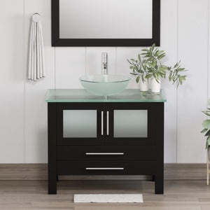 Cambridge Plumbing 8111-B 36" Single Bathroom Vanity in Espresso with Tempered Glass Top and Vessel Sink, Matching Mirror, Rendered Front View with Chrome Faucet