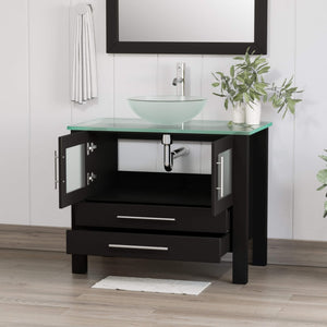 Cambridge Plumbing 8111-B 36" Single Bathroom Vanity in Espresso with Tempered Glass Top and Vessel Sink, Matching Mirror, Open Doors with Chrome Faucet