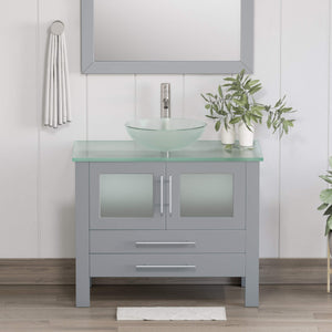 Cambridge Plumbing 8111B-G 36" Single Bathroom Vanity in Gray with Tempered Glass Top and Vessel Sink, Matching Mirror, Rendered Front View with Brushed Nickel Faucet
