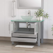 Load image into Gallery viewer, Cambridge Plumbing 8111B-G 36&quot; Single Bathroom Vanity in Gray with Tempered Glass Top and Vessel Sink, Matching Mirror, Open Doors with Chrome Faucet