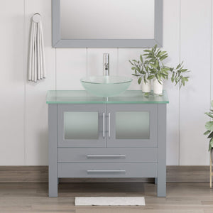 Cambridge Plumbing 8111B-G 36" Single Bathroom Vanity in Gray with Tempered Glass Top and Vessel Sink, Matching Mirror, Rendered Front View with Chrome Faucet