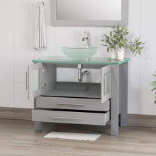 Load image into Gallery viewer, Cambridge Plumbing 8111B-G 36&quot; Single Bathroom Vanity in Gray with Tempered Glass Top and Vessel Sink, Matching Mirror, Open Doors with Chrome Faucet