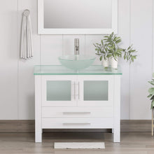 Load image into Gallery viewer, Cambridge Plumbing 8111BW 36&quot; Single Bathroom Vanity in White with Tempered Glass Top and Vessel Sink, Matching Mirror, Rendered Front View with Brushed Nickel Faucet