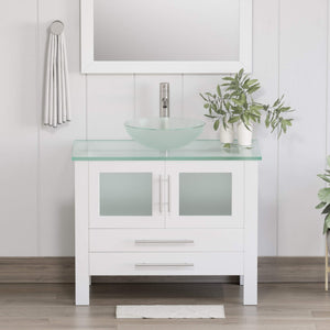 Cambridge Plumbing 8111BW 36" Single Bathroom Vanity in White with Tempered Glass Top and Vessel Sink, Matching Mirror, Rendered Front View with Brushed Nickel Faucet